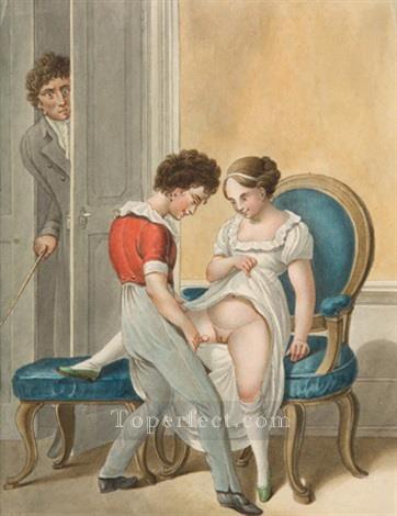 Espejo y The Tutor Par de acuarelas Georg Emanuel Opiz caricature Sexual Oil Paintings